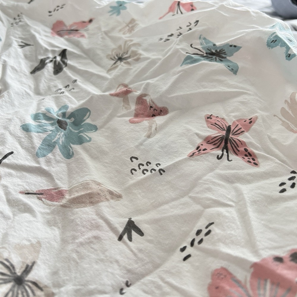 Standard Crib Fitted Sheet White‎ With Butterflies Mushrooms Flowers Blue Baby